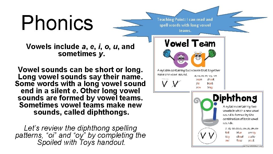 Phonics Vowels include a, e, i, o, u, and sometimes y. Vowel sounds can
