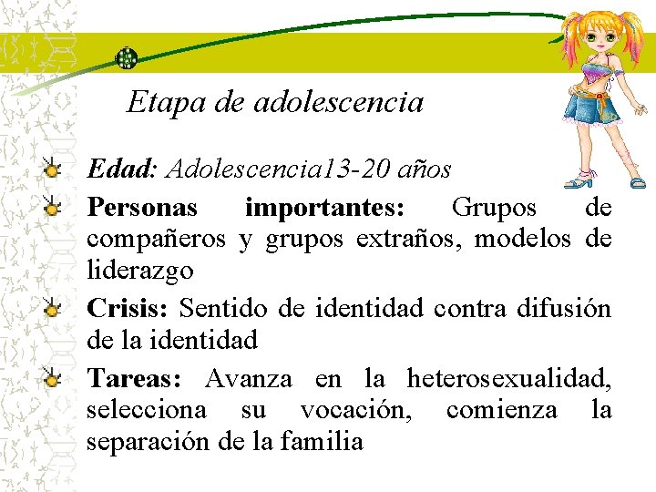 Etapa de adolescencia Edad: Adolescencia 13 -20 años Personas importantes: Grupos de compañeros y Etapa de adolescencia Edad: Adolescencia 13 -20 años Personas importantes: Grupos de compañeros y