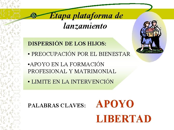 Etapa plataforma de lanzamiento DISPERSIÓN DE LOS HIJOS: • PREOCUPACIÓN POR EL BIENESTAR • Etapa plataforma de lanzamiento DISPERSIÓN DE LOS HIJOS: • PREOCUPACIÓN POR EL BIENESTAR •