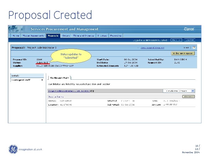 Proposal Created Status updates to “Submitted” 16 / GE / November 2004 