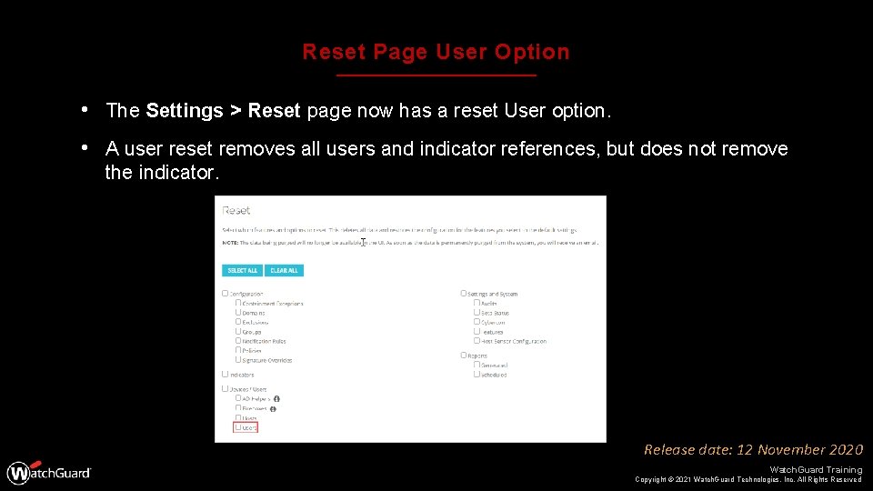 Reset Page User Option • The Settings > Reset page now has a reset