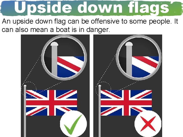 Upside down flags An upside down flag can be offensive to some people. It