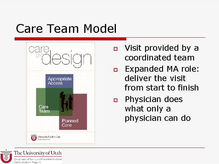 Care Team Model o o o Visit provided by a coordinated team Expanded MA