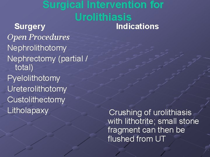Surgical Intervention for Urolithiasis Surgery Open Procedures Nephrolithotomy Nephrectomy (partial / total) Pyelolithotomy Ureterolithotomy