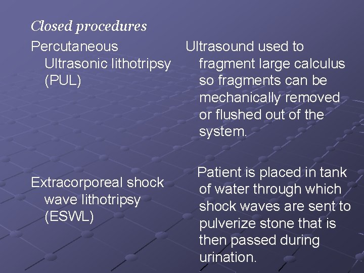 Closed procedures Percutaneous Ultrasound used to Ultrasonic lithotripsy fragment large calculus (PUL) so fragments