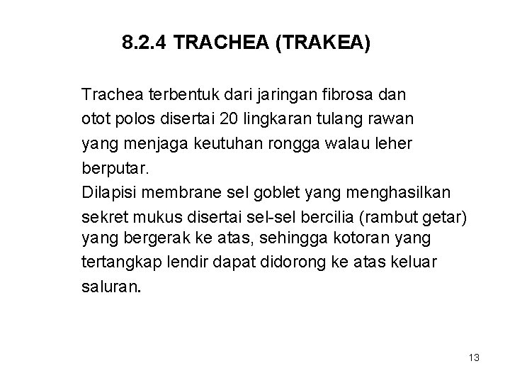 8. 2. 4 TRACHEA (TRAKEA) Trachea terbentuk dari jaringan fibrosa dan otot polos disertai