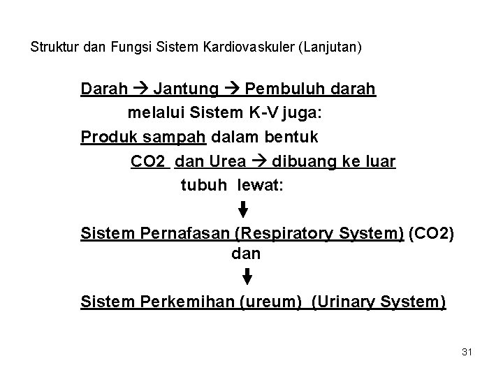 Struktur dan Fungsi Sistem Kardiovaskuler (Lanjutan) Darah Jantung Pembuluh darah melalui Sistem K-V juga: