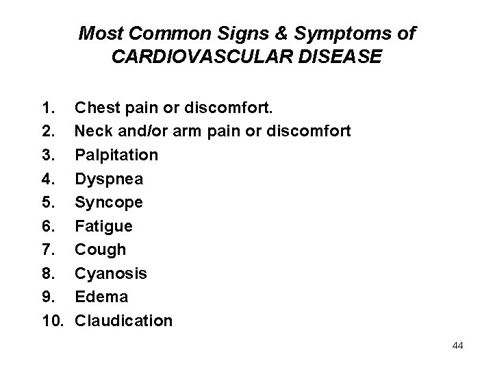 Most Common Signs & Symptoms of CARDIOVASCULAR DISEASE 1. 2. 3. 4. 5. 6.