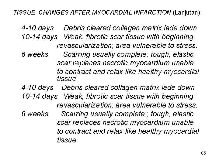 TISSUE CHANGES AFTER MYOCARDIAL INFARCTION (Lanjutan) 4 -10 days Debris cleared collagen matrix lade