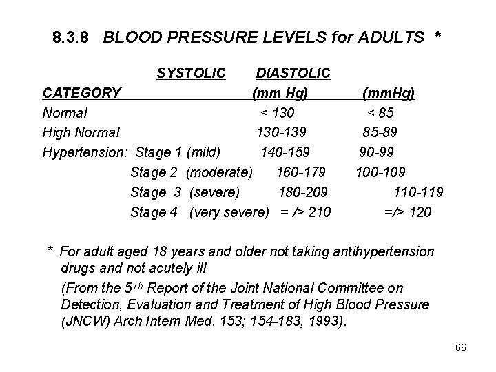 8. 3. 8 BLOOD PRESSURE LEVELS for ADULTS * SYSTOLIC DIASTOLIC CATEGORY (mm Hg)
