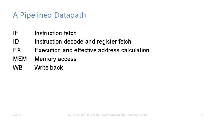 A Pipelined Datapath IF ID EX MEM WB CSE 141 Instruction fetch Instruction decode