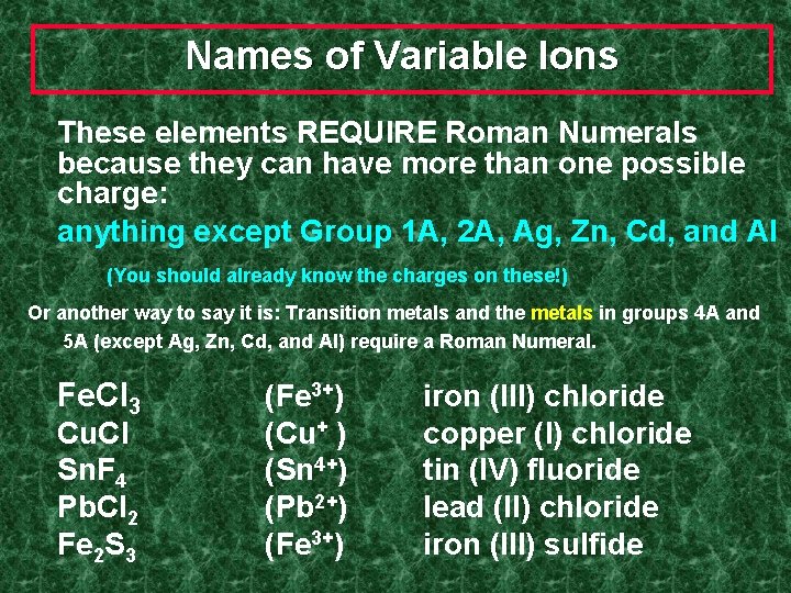 Names of Variable Ions These elements REQUIRE Roman Numerals because they can have more