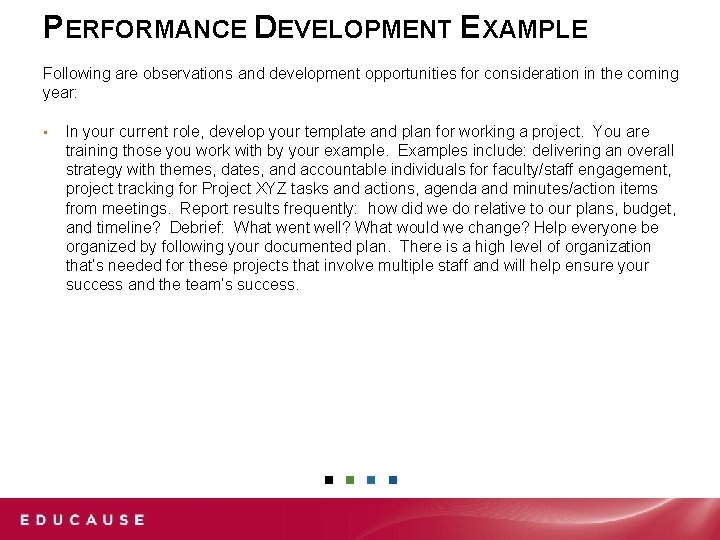 PERFORMANCE DEVELOPMENT EXAMPLE Following are observations and development opportunities for consideration in the coming