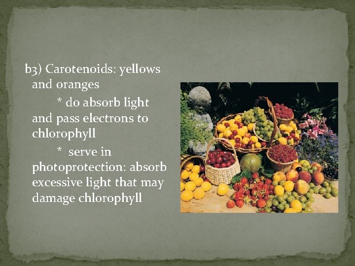 b 3) Carotenoids: yellows and oranges * do absorb light and pass electrons to