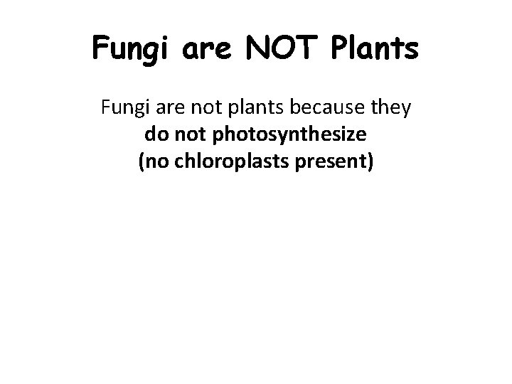 Fungi are NOT Plants Fungi are not plants because they do not photosynthesize (no