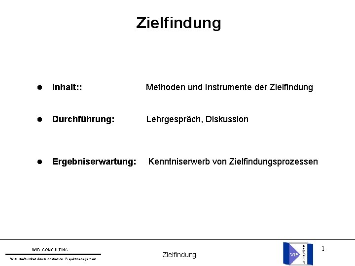 Zielfindung l Inhalt: : Methoden und Instrumente der Zielfindung l Durchführung: Lehrgespräch, Diskussion l