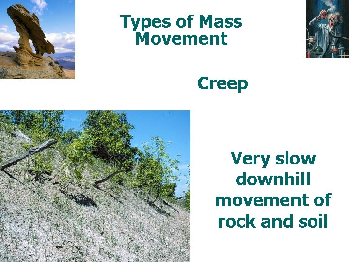 Types of Mass Movement Creep Very slow downhill movement of rock and soil 