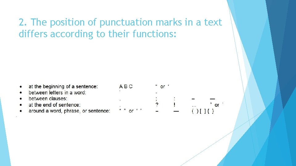 2. The position of punctuation marks in a text differs according to their functions: