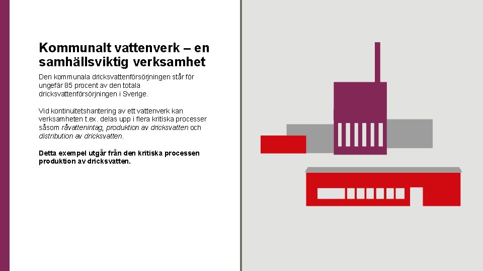 Kommunalt vattenverk – en samhällsviktig verksamhet Den kommunala dricksvattenförsörjningen står för ungefär 85 procent