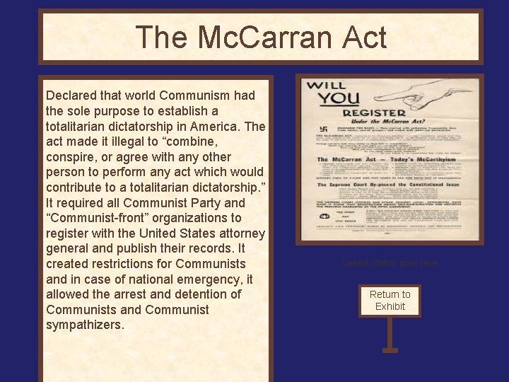 The Mc. Carran Act Declared that world Communism had the sole purpose to establish