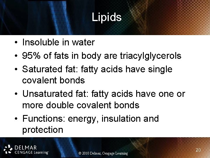 Lipids • Insoluble in water • 95% of fats in body are triacylglycerols •