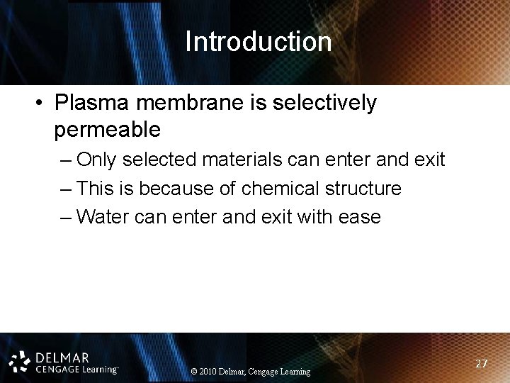 Introduction • Plasma membrane is selectively permeable – Only selected materials can enter and