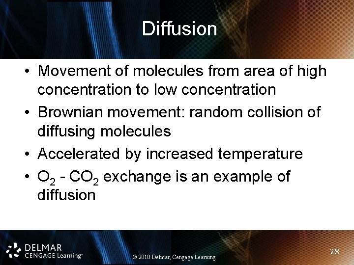 Diffusion • Movement of molecules from area of high concentration to low concentration •