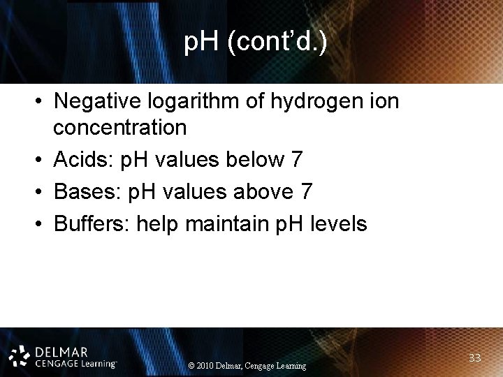 p. H (cont’d. ) • Negative logarithm of hydrogen ion concentration • Acids: p.