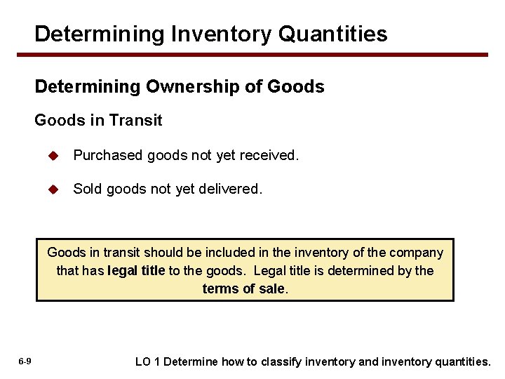 Determining Inventory Quantities Determining Ownership of Goods in Transit u Purchased goods not yet