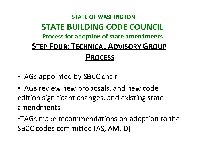 STATE OF WASHINGTON STATE BUILDING CODE COUNCIL Process for adoption of state amendments STEP STATE OF WASHINGTON STATE BUILDING CODE COUNCIL Process for adoption of state amendments STEP