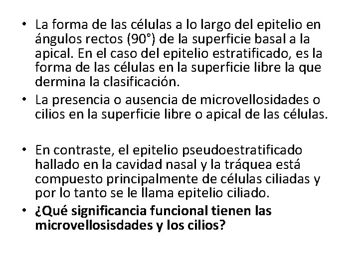  • La forma de las células a lo largo del epitelio en ángulos