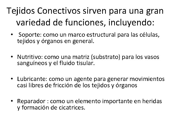 Tejidos Conectivos sirven para una gran variedad de funciones, incluyendo: • Soporte: como un