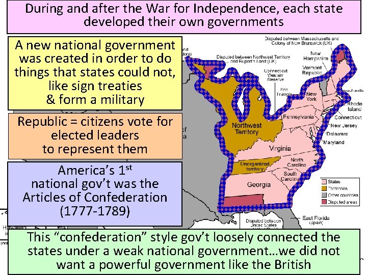 During and after the War for Independence, each state developed their own governments A