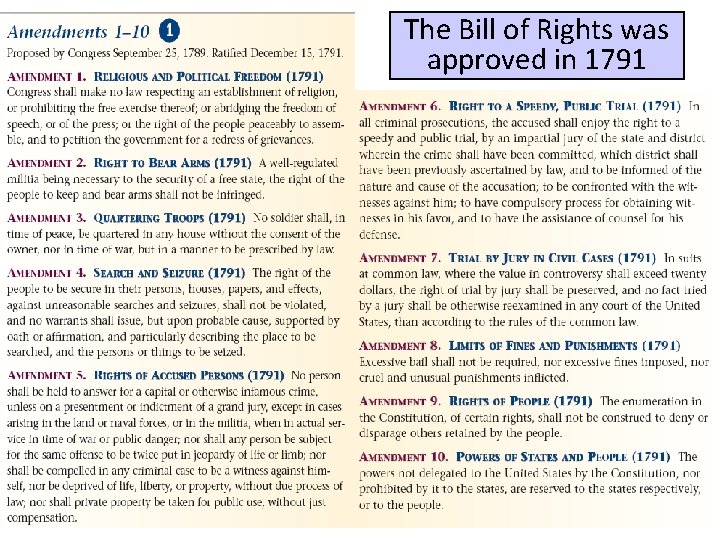 The Bill of Rights was approved in 1791 