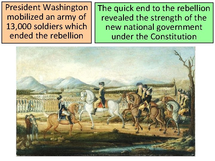 President Washington mobilized an army of 13, 000 soldiers which ended the rebellion The