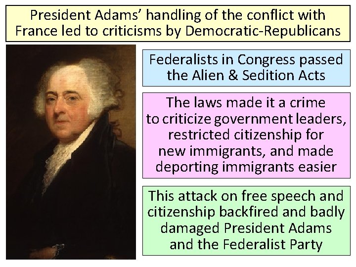 President Adams’ handling of the conflict with France led to criticisms by Democratic-Republicans Federalists