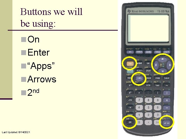 Buttons we will be using: n On n Enter n “Apps” n Arrows n