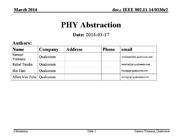March 2014 doc. : IEEE 802. 11 -14/0330 r 2 PHY Abstraction Date: 2014