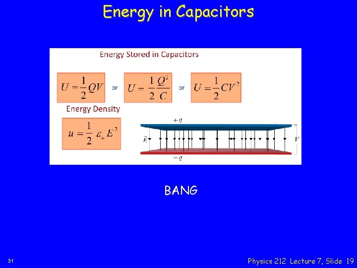 Energy in Capacitors BANG 31 Physics 212 Lecture 7, Slide 19 