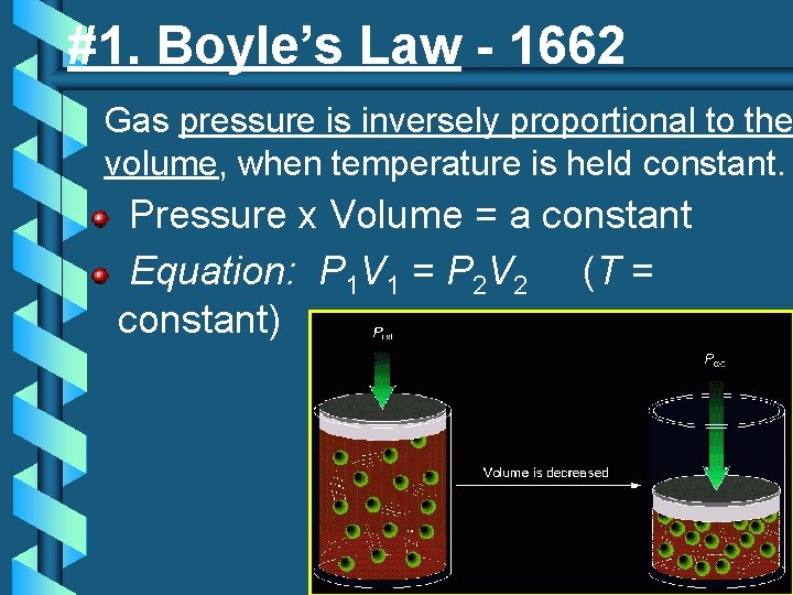 #1. Boyle’s Law - 1662 Gas pressure is inversely proportional to the volume, when