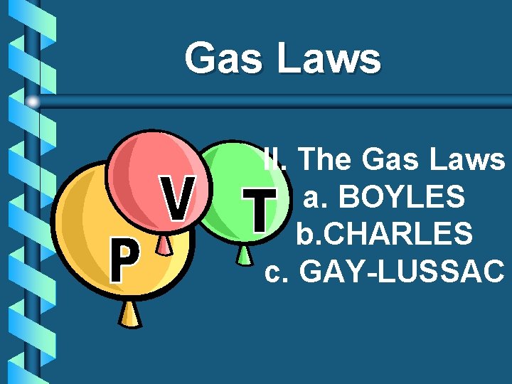 Gas Laws II. The Gas Laws a. BOYLES b. CHARLES c. GAY-LUSSAC 