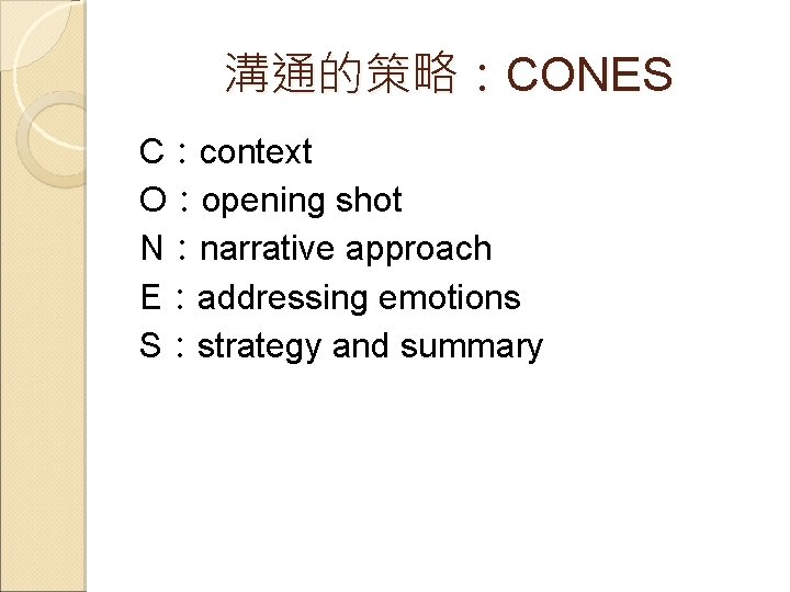 溝通的策略：CONES C：context O：opening shot N：narrative approach E：addressing emotions S：strategy and summary 
