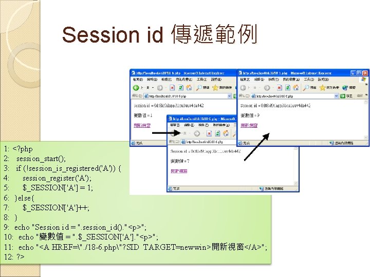 Session id 傳遞範例 1: <? php 2: session_start(); 3: if (!session_is_registered('A')) { 4: session_register('A');