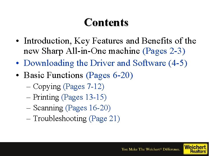 Contents • Introduction, Key Features and Benefits of the new Sharp All-in-One machine (Pages