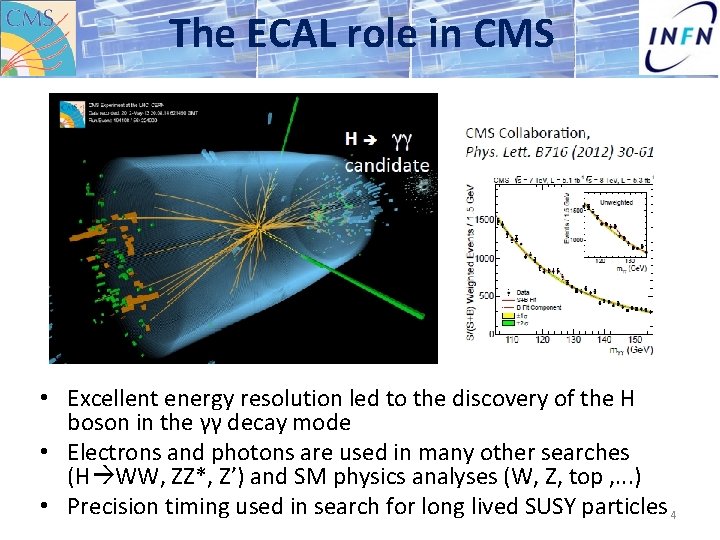 The ECAL role in CMS • Excellent energy resolution led to the discovery of