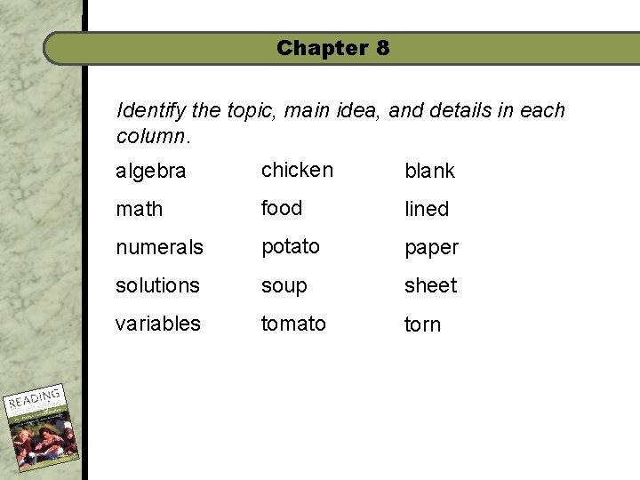 Chapter 8 Identify the topic, main idea, and details in each column. algebra chicken