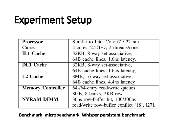 Experiment Setup Benchmark: microbenchmark, Whisper persistent benchmark 