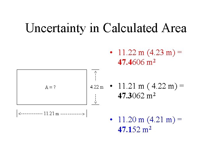 Uncertainty in Calculated Area • 11. 22 m (4. 23 m) = 47. 4606 Uncertainty in Calculated Area • 11. 22 m (4. 23 m) = 47. 4606