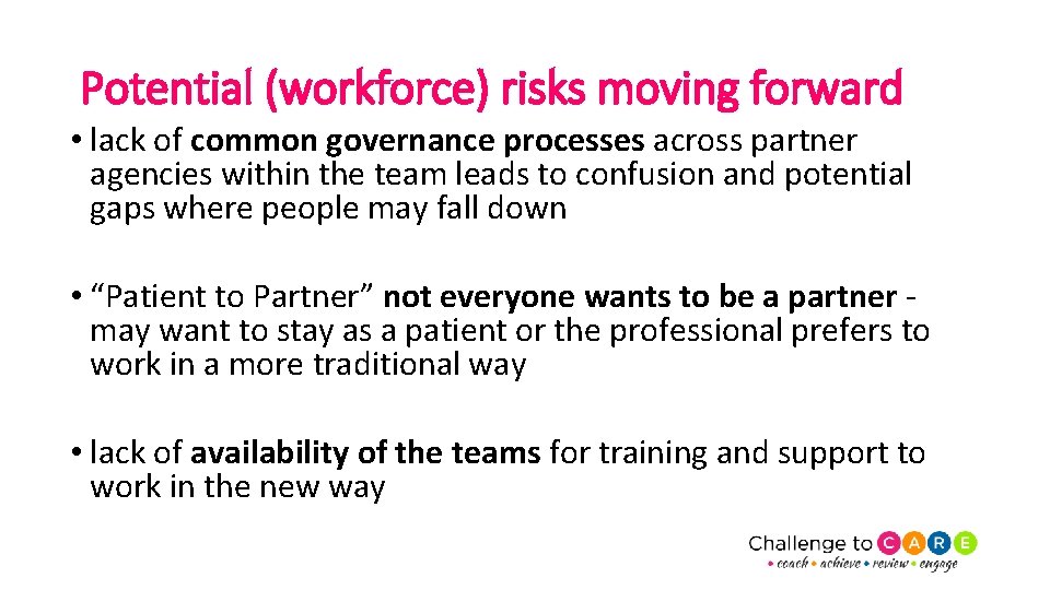 Potential (workforce) risks moving forward • lack of common governance processes across partner agencies