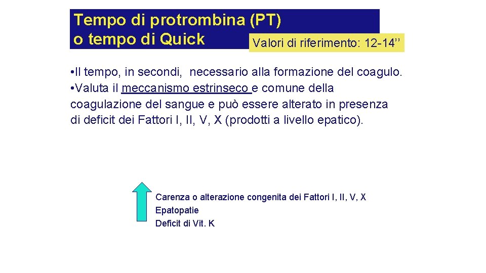 Tempo di protrombina (PT) o tempo di Quick Valori di riferimento: 12 -14’’ • Tempo di protrombina (PT) o tempo di Quick Valori di riferimento: 12 -14’’ •
